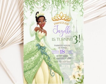 Könnte beinhalten: Eine Geburtstagseinladung zum Thema Prinzessin mit einer Cartoon-Prinzessin in einem grünen und cremefarbenen Kleid. Die Einladung enthält den Text "Prinzessin Jazelle wird 3!" mit Veranstaltungsdetails, einer goldenen Krone und einer Schlossillustration.