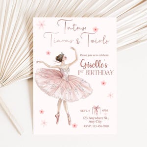 Ballerina 1st Birthday Invitation – Editable Tutus and Tiaras Party Invite, Pink Ballet Theme, Elegant Baby Girl Birthday Template