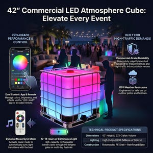 May include: A commercial LED atmosphere cube, 42 inches in height, illuminates with vibrant RGB colors. It features dual control via app or remote, dynamic music sync, and 12-16 hours of continuous light. Designed for high-traffic use, it has a rotomolded PE shell and reinforced base.