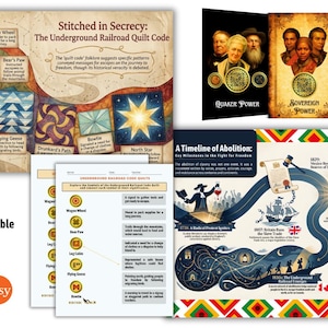 May include: A collection of educational printables and posters about Black History, including the Underground Railroad and abolition. The images feature quilt code patterns, historical figures, and a timeline of abolition. The text includes "Stitched in Secrecy" and "A Timeline of Abolition".