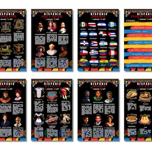 Könnte beinhalten: Acht schwarze Poster mit farbenfrohen Rändern, die jeweils das Wort "Hispanic" oben zeigen. Die Poster zeigen Informationen über das hispanische Erbe, einschließlich Kulturerbestätten, Kunst, Kultur, Länder, Phrasen und Essen.