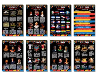 May include: A collection of eight black posters with colorful borders, each featuring the word "Hispanic" at the top. The posters display information about Hispanic heritage, including heritage sites, arts, culture, countries, phrases, and food.