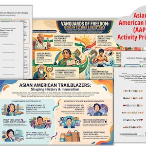 Può includere: Una raccolta di materiali didattici stampabili sulla storia degli asiatico-americani. I materiali includono infografiche su pionieri e icone culturali, insieme a fogli di attività. Il design è colorato, con illustrazioni e testo.