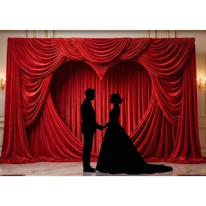 May include: A silhouette of a couple holding hands in front of a red velvet curtain backdrop. The curtain is draped to form a heart shape. The setting is a formal event or wedding.