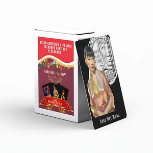 Könnte beinhalten: Eine weiße Box mit einem rot-violetten Etikett mit der Aufschrift "ASIAN AMERICAN & PACIFIC ISLANDER HERITAGE FLASHCARD". Eine schwarze Karte zeigt ein Porträt von Anna May Wong mit dem Text "ANNA MAY WONG."