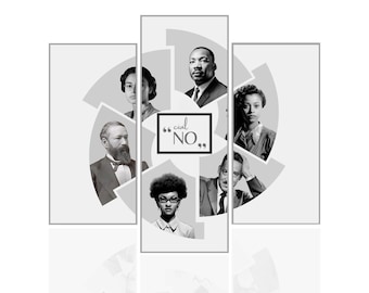 May include: Black and white wall art featuring portraits of historical figures. The artwork is arranged in a circular design with the words "civil NO." in a framed box. The portraits include Martin Luther King Jr. and other notable individuals.