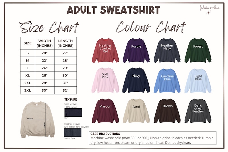 May include: An adult sweatshirt size and colour chart. The size chart shows measurements in inches, and the colour chart displays various sweatshirt colours, including red, purple, navy, and forest green. Care instructions are also included.