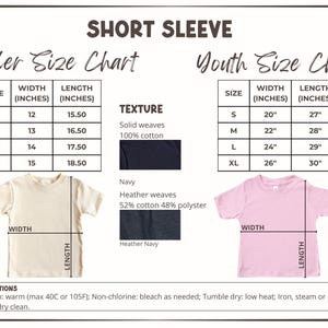 May include: Size charts for toddler and youth short sleeve shirts. The toddler chart shows sizes 2T to 5T with measurements in inches. The youth chart shows sizes S to XL, also in inches. Includes fabric texture details and care instructions.