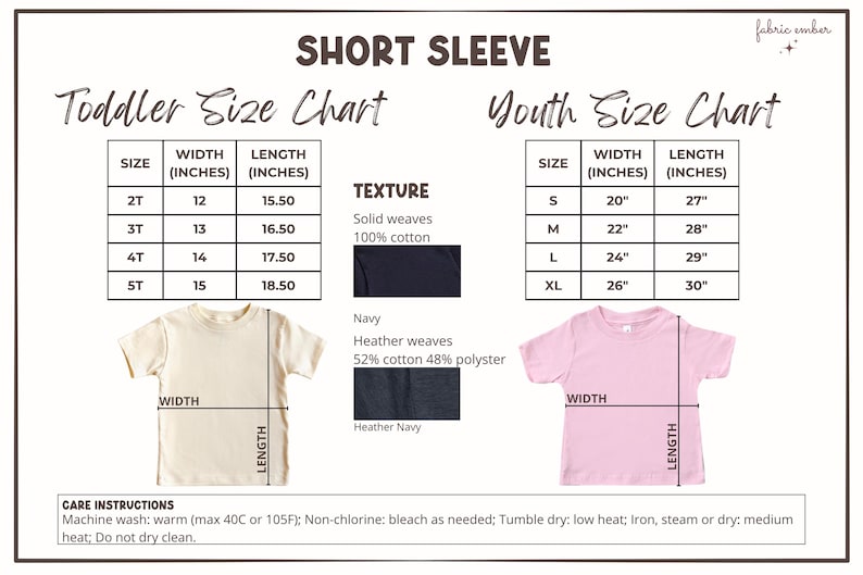 May include: Size charts for toddler and youth short sleeve shirts. The toddler chart shows sizes 2T to 5T with measurements in inches. The youth chart shows sizes S to XL, also in inches. Includes fabric texture details and care instructions.