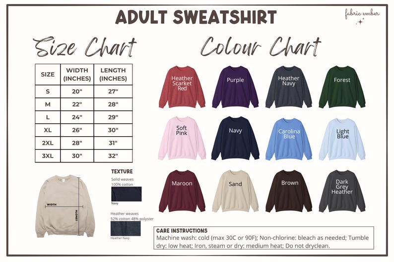 May include: An adult sweatshirt size and color chart. The size chart shows measurements in inches for sizes S to 3XL. The color chart displays various sweatshirt colors, including red, purple, navy, forest green, pink, and blue.