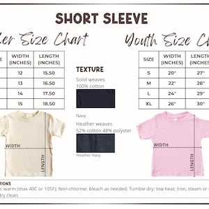 May include: A size chart for short sleeve toddler and youth t-shirts. The chart includes measurements in inches for width and length, along with fabric texture details. Care instructions are also provided.