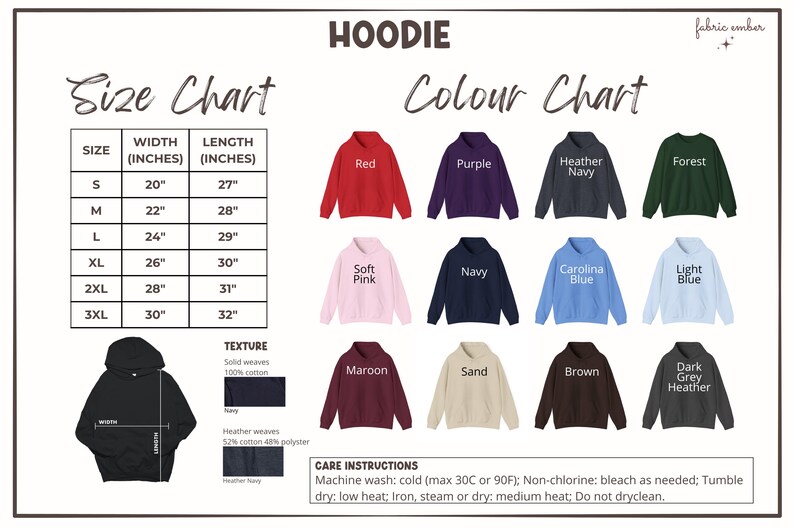May include: A hoodie size and color chart. The chart displays various hoodie colors, including red, purple, navy, and forest green. Size chart shows width and length in inches, ranging from S (20" width, 27" length) to 3XL (30" width, 32" length).