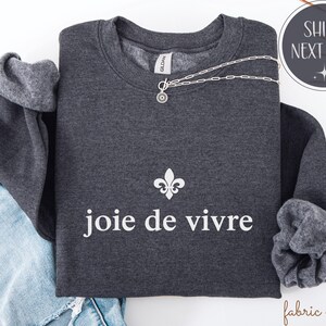 May include: A charcoal grey sweatshirt featuring the words "joie de vivre" in white, and a white fleur-de-lis. A silver necklace is draped across the garment. The sleeves are turned up, showing a lighter grey lining.