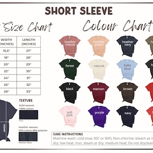 May include: A short sleeve adult size chart and colour chart. The size chart shows measurements in inches for widths ranging from 16.5" to 28" and lengths from 27" to 33". The colour chart displays various shirt colours, including heather mauve, navy, and red.