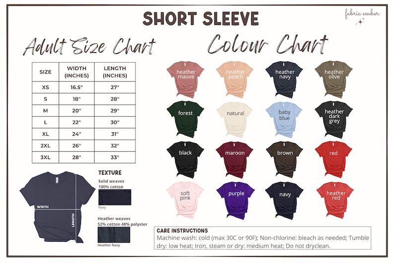 May include: A short sleeve adult size chart and colour chart. The size chart shows measurements in inches for widths ranging from 16.5" to 28" and lengths from 27" to 33". The colour chart displays various shirt colours, including heather mauve, navy, and red.