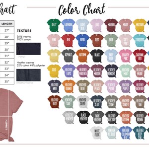 May include: A t-shirt size and colour chart. The size chart shows measurements in inches for width and length, ranging from XS to 5XL. The colour chart displays various t-shirt colours, including Kelly green, pink, red, and black.