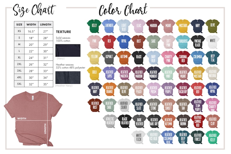 May include: A t-shirt size and colour chart. The size chart shows measurements in inches for width and length, ranging from XS to 5XL. The colour chart displays various t-shirt colours, including Kelly green, pink, red, and black.