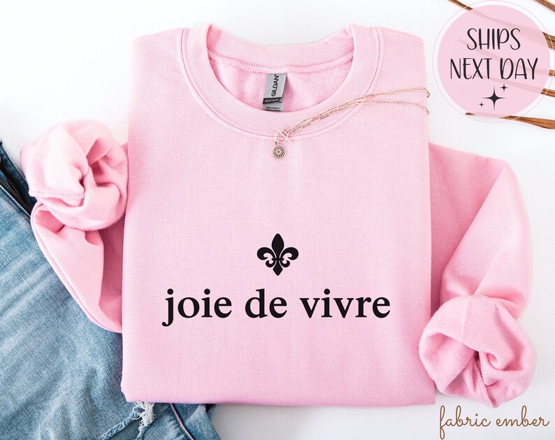 May include: A pale pink sweatshirt featuring the words "joie de vivre" in black, with a black fleur-de-lis symbol. A gold necklace with a small pendant is placed on the folded garment. The sweatshirt is folded on top of blue jeans.
