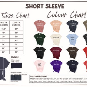 May include: A chart for short sleeve adult sizes, with measurements in inches, and a color chart featuring various t-shirt colors like black, red, and navy. Includes care instructions for washing and drying.