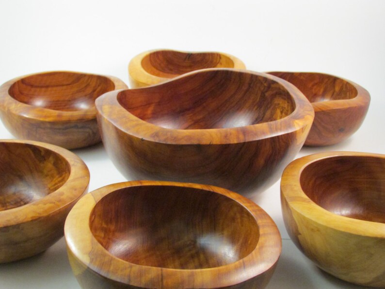 Vintage Olive Wood Salad Bowl Set Large With Six Image 0
