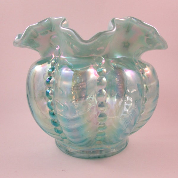 Vintage Fenton Glass Vase Carnival Glass Ruffled Edge Bowl Aqua Iridescent Glass 1990s