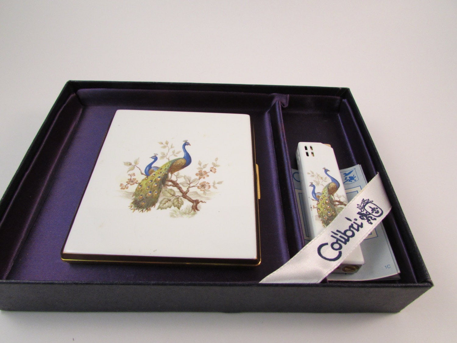 Vintage Colibri Cigarette Case and Lighter Peacock Design Made in England  Original Box