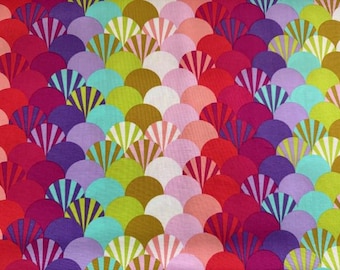 May include: A fabric featuring a repeating pattern of overlapping semicircles in a vibrant palette of red, purple, pink, lime green, and turquoise. Each semicircle contains a series of radiating lines in a lighter shade, creating a fan-like effect.