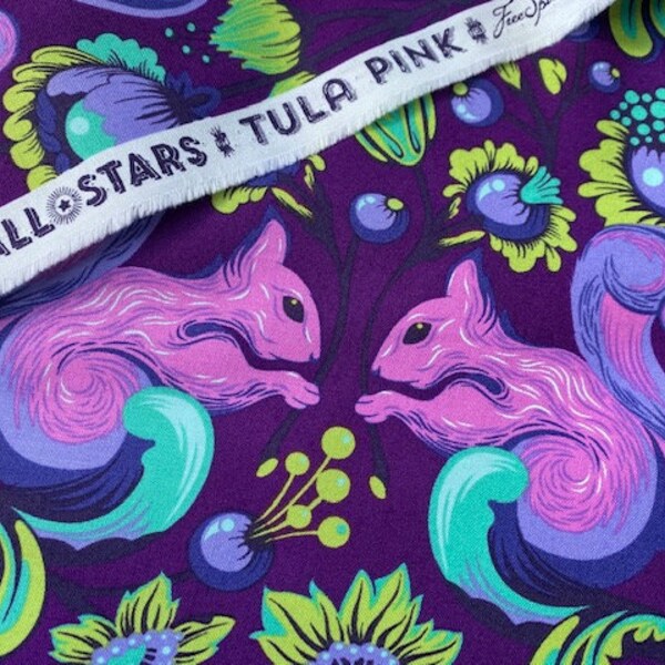 RARE  Tula Pink All Stars Squirrels in Foxglove Purple