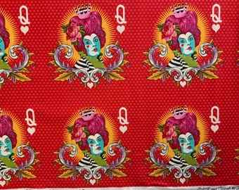May include: A red fabric featuring a repeating pattern of a Queen of Hearts playing card motif. The design includes a stylized figure with pink hair, a crown, and a rose, surrounded by ornate scrollwork, yellow sunbursts, and small white hearts.