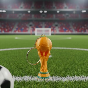 May include: A gold-colored trophy keychain with a green base, set against a green field with a soccer ball in the foreground. The background shows a stadium with red seating.
