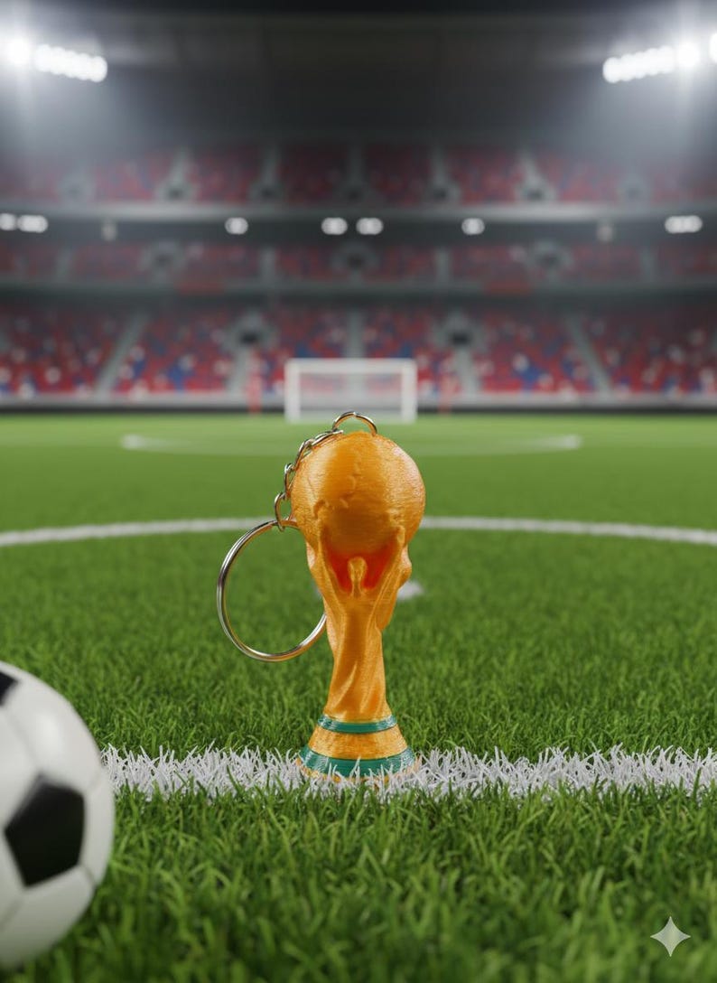 May include: A gold-colored trophy keychain with a green base, set against a green field with a soccer ball in the foreground. The background shows a stadium with red seating.