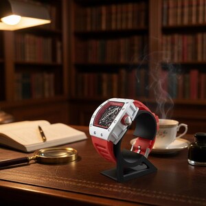 May include: A white and red wristwatch with a black face is displayed on a black stand. The watch has a rectangular face and a red band. The background includes a desk, a book, a magnifying glass, and a cup of tea.