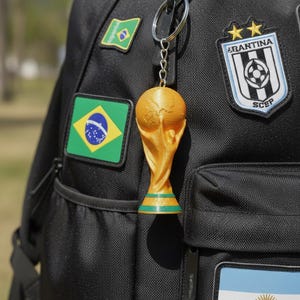 May include: A gold-colored trophy keychain with a globe on top, hanging from a black backpack. The backpack has patches of the Brazilian and Argentinian flags, and a soccer team emblem. The keychain is a miniature replica of a soccer trophy.