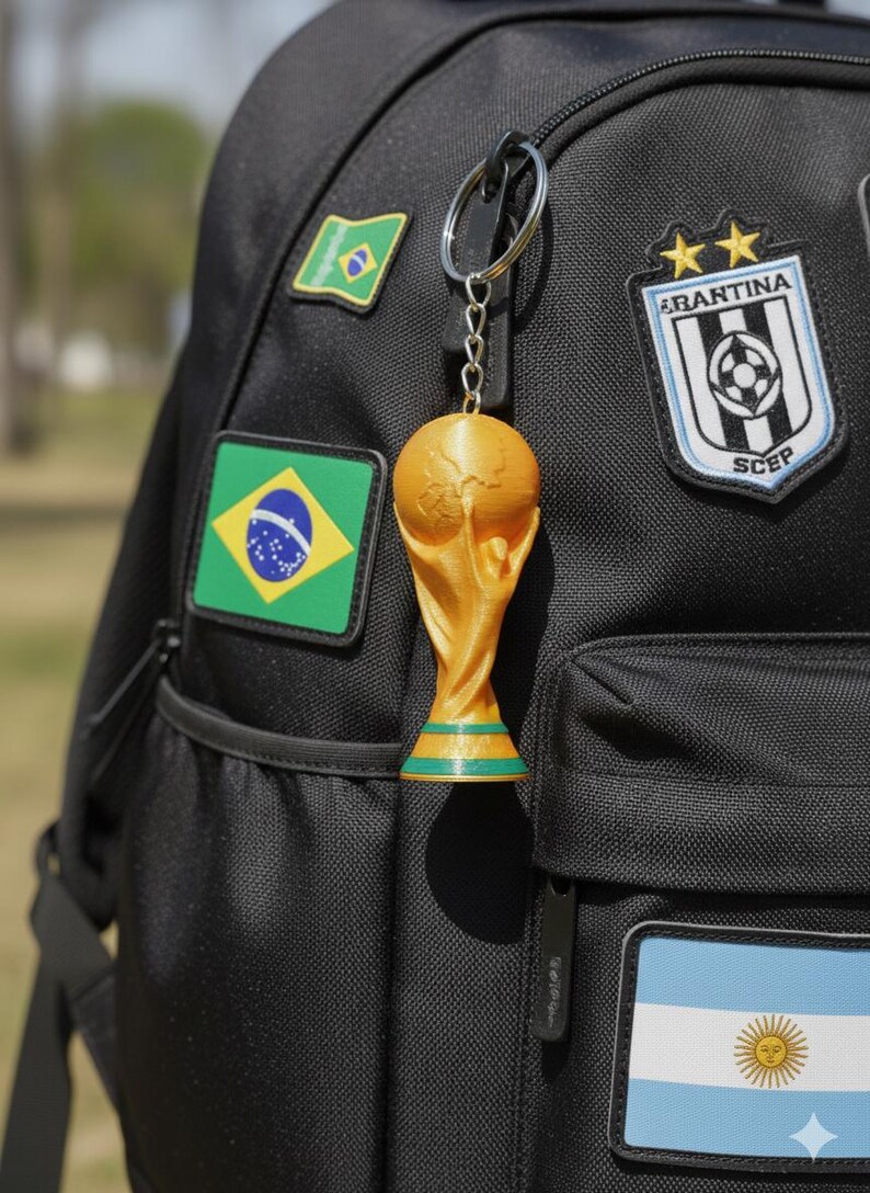 May include: A gold-colored trophy keychain with a globe on top, hanging from a black backpack. The backpack has patches of the Brazilian and Argentinian flags, and a soccer team emblem. The keychain is a miniature replica of a soccer trophy.