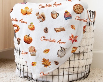 Personalized Fall Cottage Minky Blanket, Receiving Vintage Blanket, Autumn Baby Custom Name Cover, Baby Shower Gift, Thanks Giving Bedding