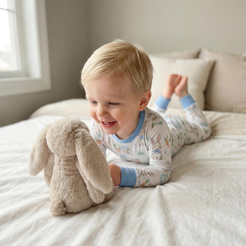 May include: A child wearing pajamas with a bunny and carrot pattern, with blue trim, smiles while looking at a plush bunny toy. The soft toy is light brown and has long floppy ears.