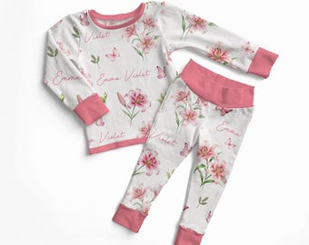 Baby and Kids Pajama Set: Pink Lilys Personalized Kids Loungewear, Floral Spring Design