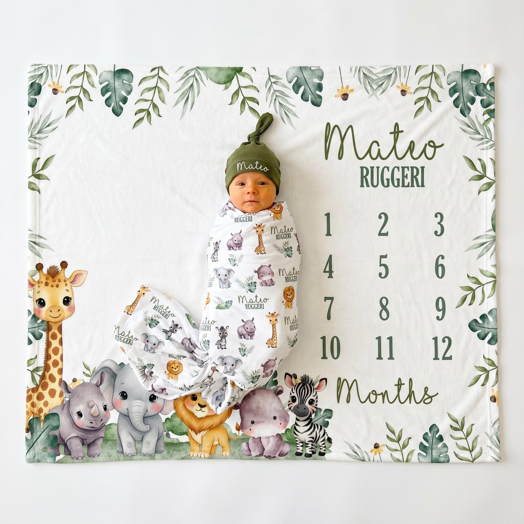 Safari Animal Personalized Milestone Blanket, for Baby Boy Girl, Wild ...