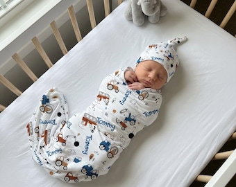 Customized Construction Vehicle Baby Swaddle Blanket: Nursery Decor, Truck Design, Baby Boy Bedding, Name Blanket With Hat, Hospital to Home