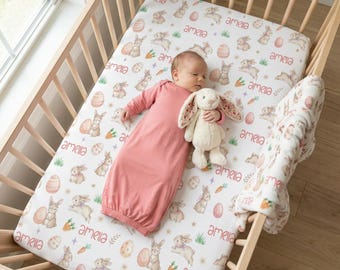 Personalized Pink Easter Eggs Crib Sheet, Custom Bedding, Soft Fitted Sheet for Nursery, Spring Rabbit Decor, Pastel Egg Print for Easter
