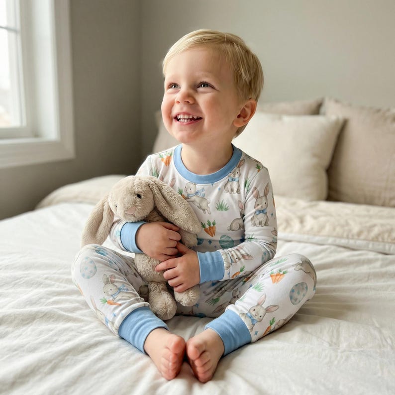 May include: A child wearing white pajamas with a bunny and carrot print, accented with light blue trim. The child is holding a plush bunny toy. The pajamas are long-sleeved and long-legged. The child is sitting on a bed.