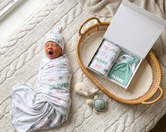 Personalized Sea Animals Gift Set, Custom Name Newborn Box, Ocean Baby Shower Gift, Nursery Keepsake Set, Aquatic Essentials Coming Home