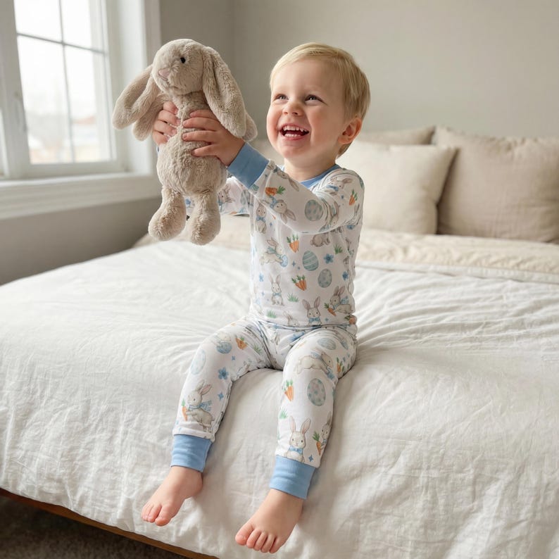 May include: A young child wearing Easter-themed pajamas, holding a plush bunny. The pajamas are white with a pattern of bunnies, carrots, and Easter eggs. The cuffs and collar are light blue. The child is smiling.