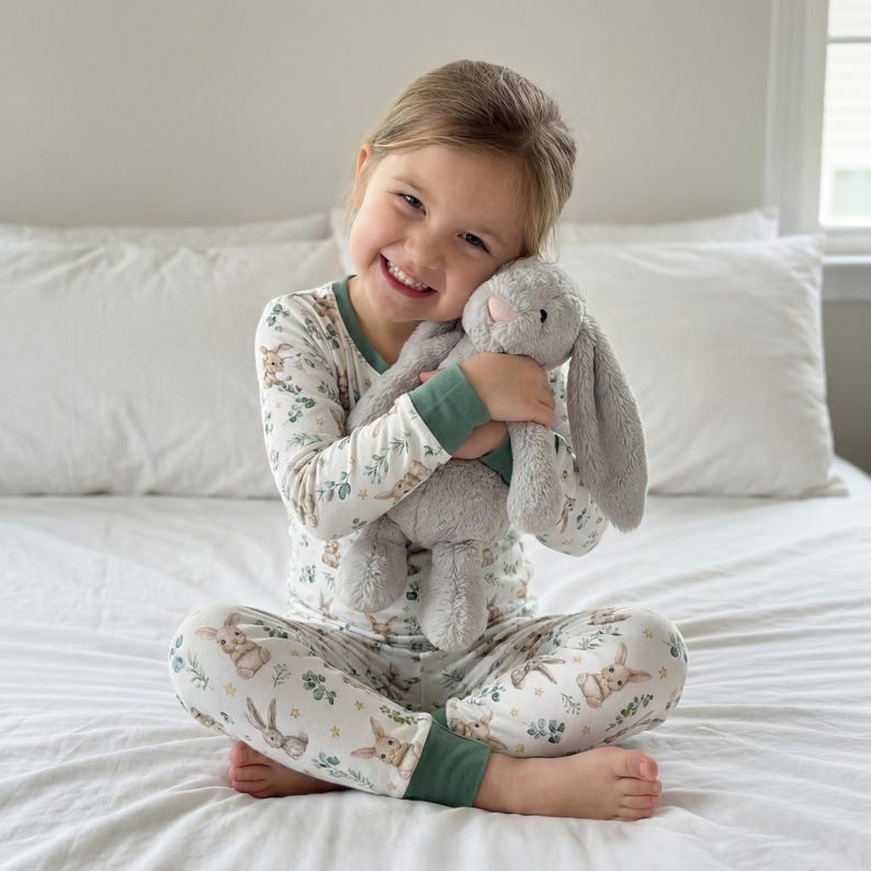 Op de afbeelding: Een kind in een pyjamaset met een konijn- en bloemenprint, knuffelt een grijze pluche konijn. De pyjama heeft groene boorden op de mouwen en enkels. Het kind zit op een wit bed.