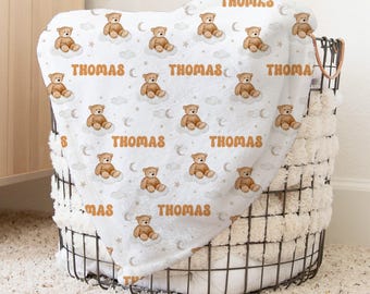 Personalized Teddy Bear Minky Blanket: Nursery Decor, Baby Bear Design, Baby Bedding, Name Blanket With Hat, Childhood Baby Gift, Teddy Bear