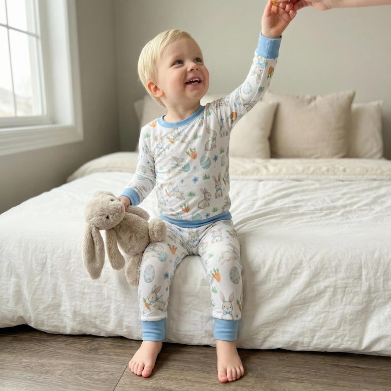May include: A child wearing a white pajama set with a blue trim and a pattern of bunnies, carrots, and Easter eggs. The child is holding a stuffed bunny and smiling. The pajama set is made of a soft material.