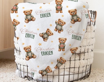 Gepersonaliseerde knusse beer nertsdeken, aangepaste naamdeken, decor pasgeboren babykamer, ontwerp knusse beren, ziekenhuis tot thuis, cadeau voor baby