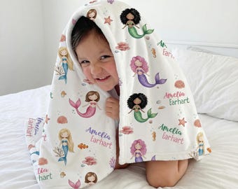 Little Mermaid Personalized Minky Blanket, Nursery Bedding, Spring Summer, Ultra Soft Custom Name Blanket for Newborn, Kids Sherpa Blanket