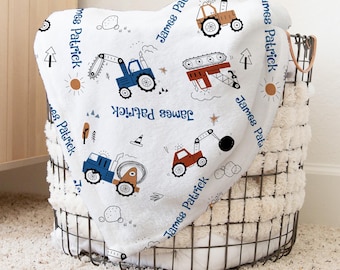 Personalized Construction Vehicle Minky Blanket: Nursery Decor, Truck Design, Baby Bedding, Name Blanket With Hat, Boy Baby Styles, Car Baby