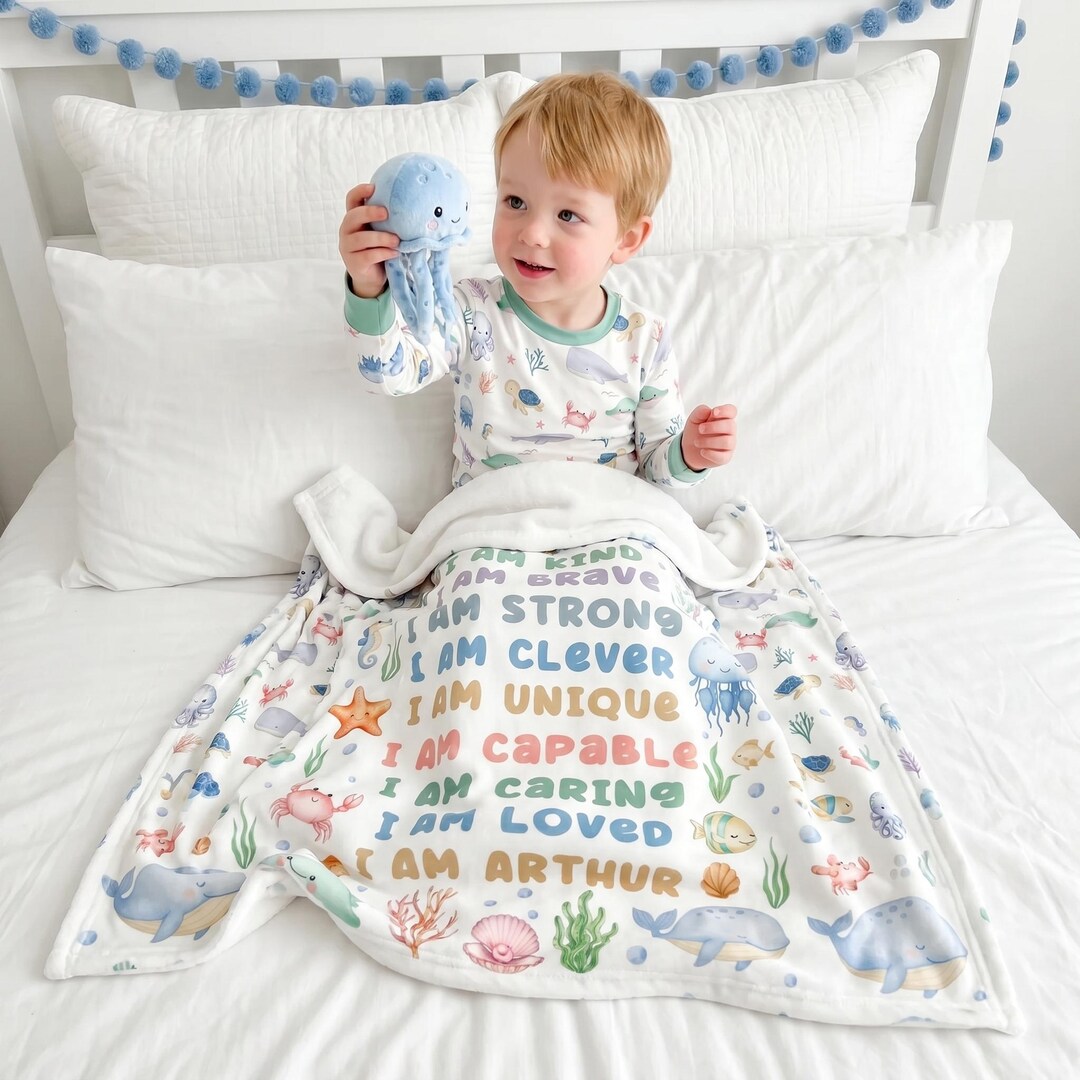 Personalized Sea Animals Affirmation Blanket, Custom Name Baby Blanket ...
